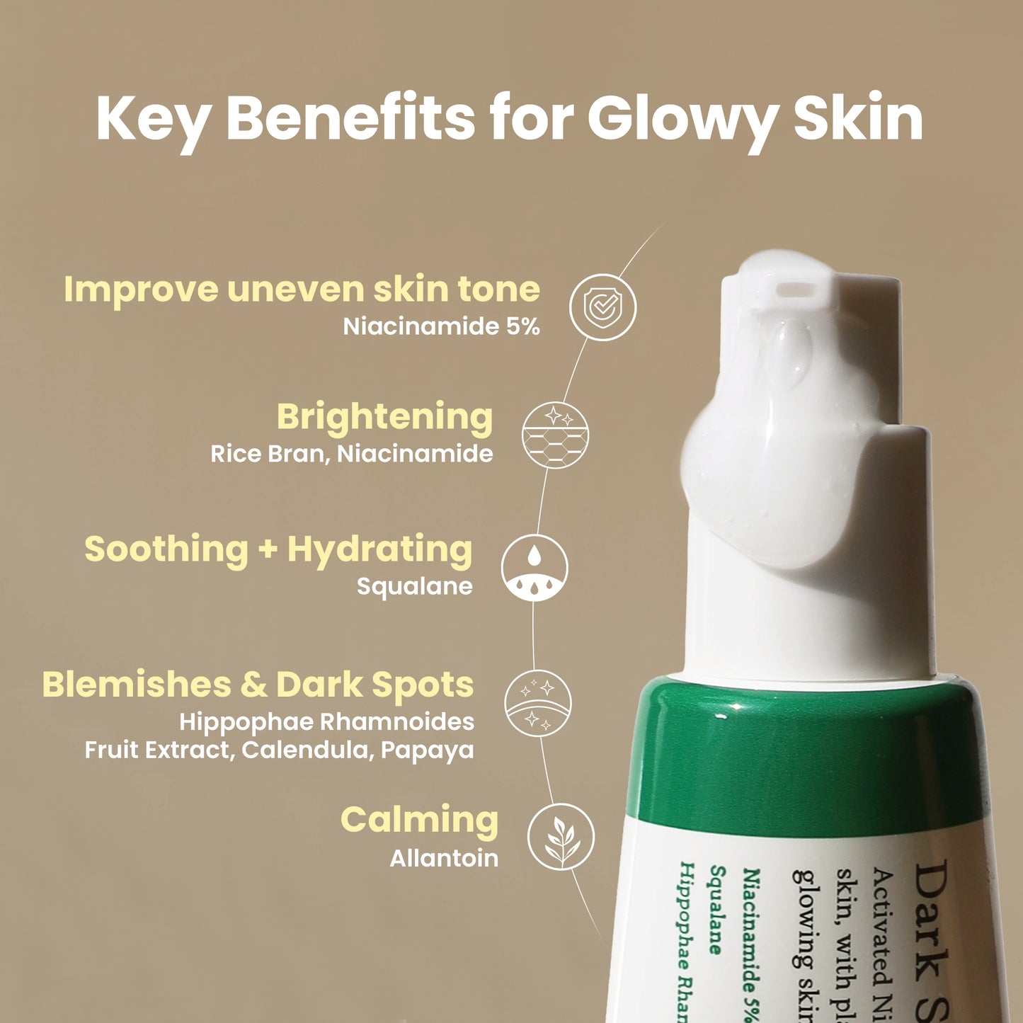 AXIS-Y Dark Spot Correcting Glow sejas serums ar niacinamīdu, paredzēts tumšo plankumu samazināšanai un ādas toņa izlīdzināšanai, zaļā iepakojumā ar pumpīti.