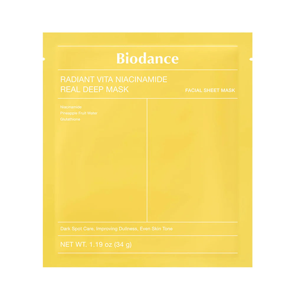 Biodance Radiant Vita Niacinamide Real Deep Mask - sejas maska ar niacinamīdu dziļai mitrināšanai, ādas mirdzumam un toņa uzlabošanai.