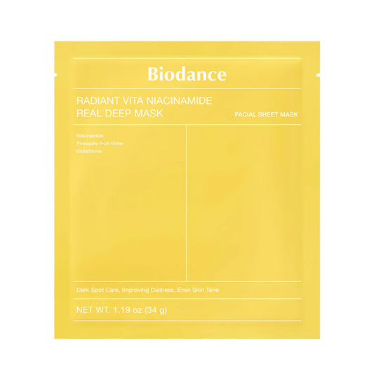 Biodance Radiant Vita Niacinamide Real Deep Mask - sejas maska ar niacinamīdu dziļai mitrināšanai, ādas mirdzumam un toņa uzlabošanai.