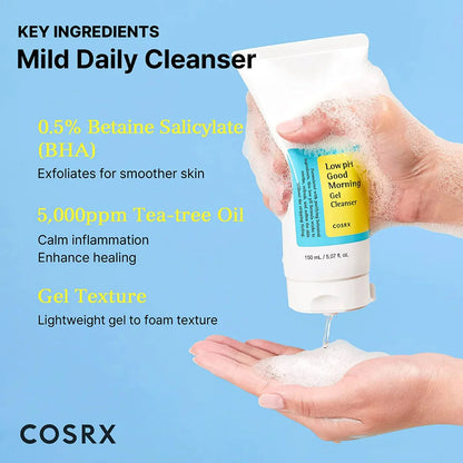 COSRX Low pH Good Morning Gel Cleanser – maigs, zema pH līmeņa sejas attīrošais gels ikdienas lietošanai.