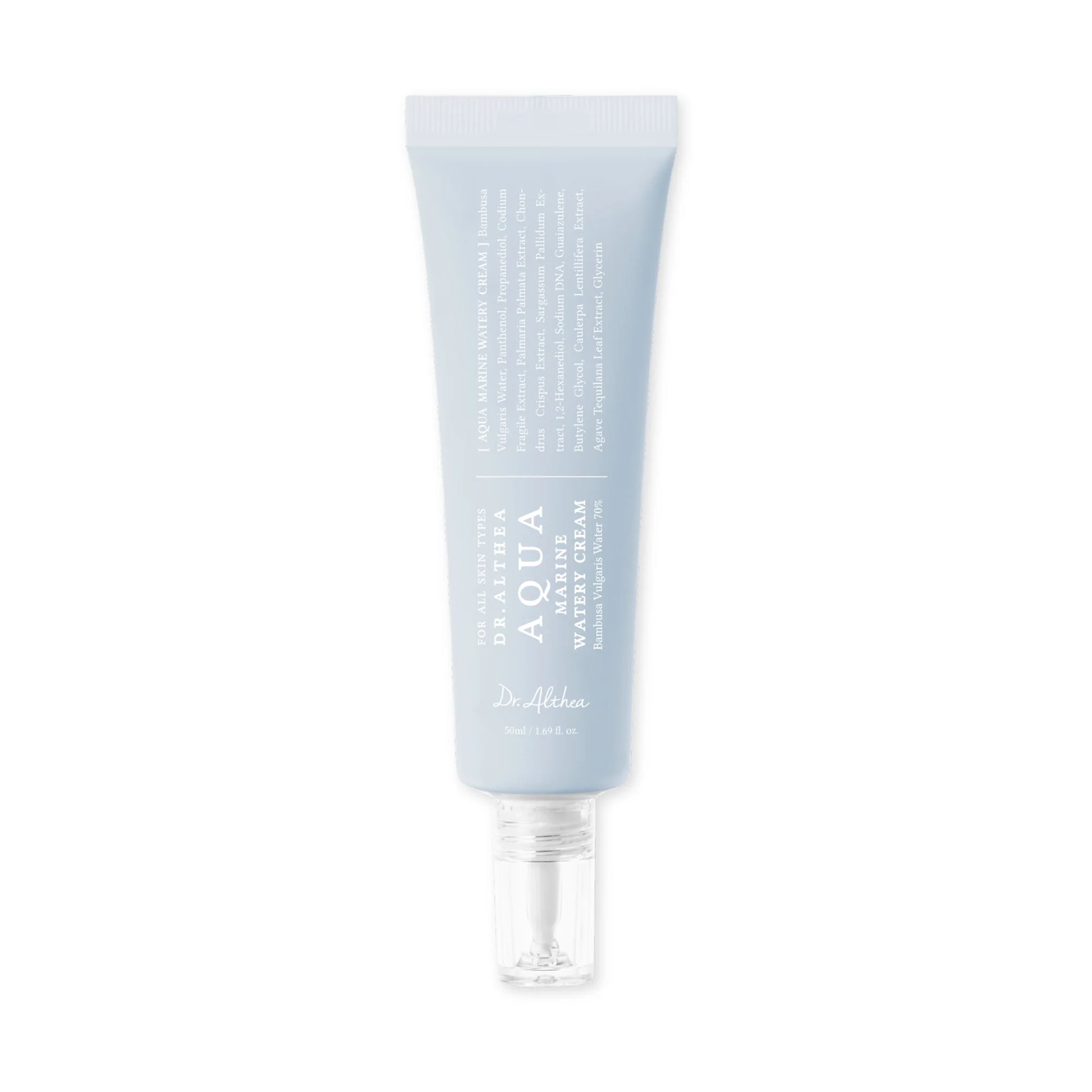 Dr. Althea Aqua Marine Watery Cream vieglas konsistences mitrinošs sejas krēms. Nodrošina ādas mitrināšanu pat dziļākajos slāņos, mazina kairinājumu un apsārtumu. Padara ādu gludu un mīkstu.