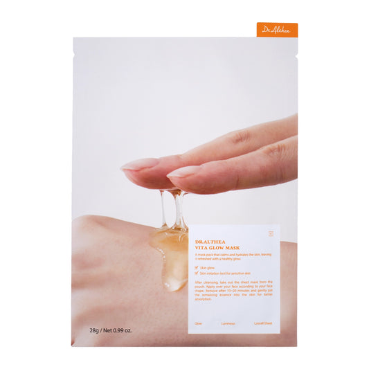 Dr. Althea Vita Glow Mask - mitrinoša un izgaismojoša auduma maska ar niacinamīdu un citām kopjošām sastāvdaļām, kas izlīdzina ādas toni, samazina blāvumu un piešķir ādai veselīgu mirdzumu.