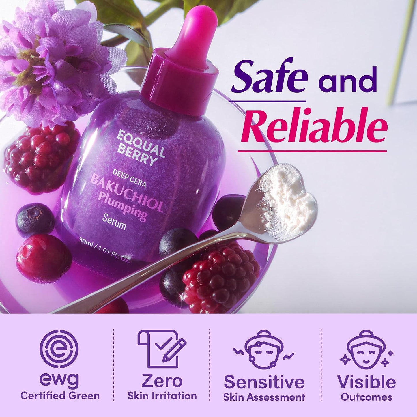 Eqqualberry Bakuchiol Plumping Serum - sejas serums ar bakučiolu ādas tvirtuma un elastības uzlabošanai, dziļai mitrināšanai un smalko līniju izlīdzināšanai.
