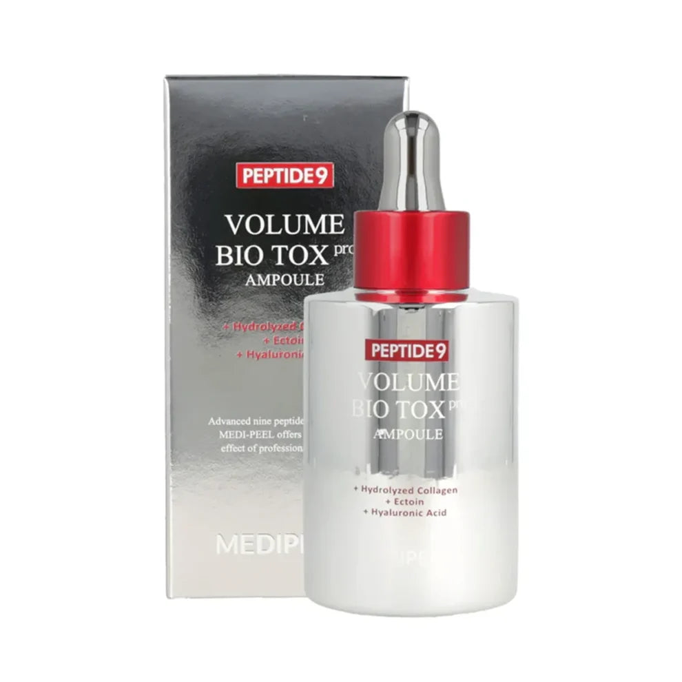 MEDI-PEEL Peptide 9 Volume Bio Tox Ampoule Pro — koncentrēta pretnovecošanās ampula ar 9 peptīdu kompleksu, kolagēnu un hialuronskābi. Palīdz uzlabot ādas elastību, samazināt grumbu redzamību un nodrošina intensīvu mitrināšanu. Āda kļūst gludāka, tvirtāka un starojošāka. Piemērota sausai, nogurušai un elastību zaudējušai ādai.