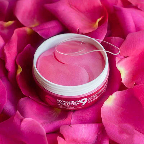Medi-Peel Hyaluron Rose Peptide 9 Ampoule Eye Patch mitrinoši acu patči ar rozes ekstraktu un peptīdiem smalko grumbiņu mazināšanai.