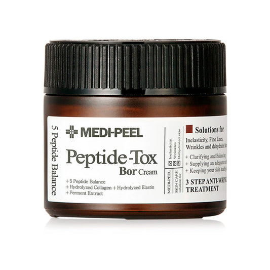 Medi-Peel Peptide-Tox Bor Cream liftinga sejas krēms ar peptīdiem, kolagēnu un hialuronskābi intensīvai ādas mitrināšanai un grumbu izlīdzināšanai. Krēms palīdz uzlabot ādas elastību, tvirtumu un samazināt novecošanās pazīmes, piešķirot ādai gludāku un jauneklīgāku izskatu. 