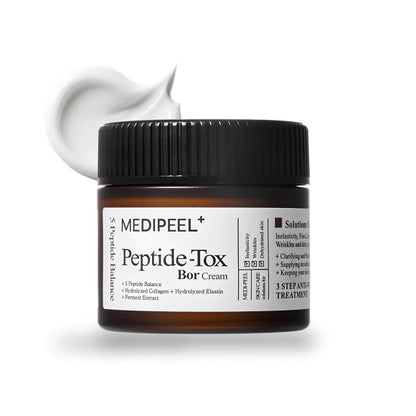 Medi-Peel Peptide-Tox Bor Cream liftinga sejas krēms ar peptīdiem, kolagēnu un hialuronskābi intensīvai ādas mitrināšanai un grumbu izlīdzināšanai. Krēms palīdz uzlabot ādas elastību, tvirtumu un samazināt novecošanās pazīmes, piešķirot ādai gludāku un jauneklīgāku izskatu. 