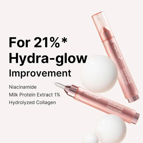 Medicube Collagen Glow Booster serums ar mitrinošu un mirdzumu piešķirošu efektu. Serums izlīdzina sejas ādas toni, mazina pigmentāciju, sašaurina poras, kā arī novērš grumbiņu rašanos, padarot ādu gludu un mīkstu.