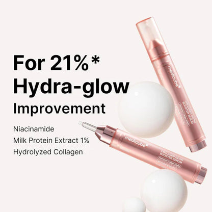 Medicube Collagen Glow Booster serums ar mitrinošu un mirdzumu piešķirošu efektu. Serums izlīdzina sejas ādas toni, mazina pigmentāciju, sašaurina poras, kā arī novērš grumbiņu rašanos, padarot ādu gludu un mīkstu.