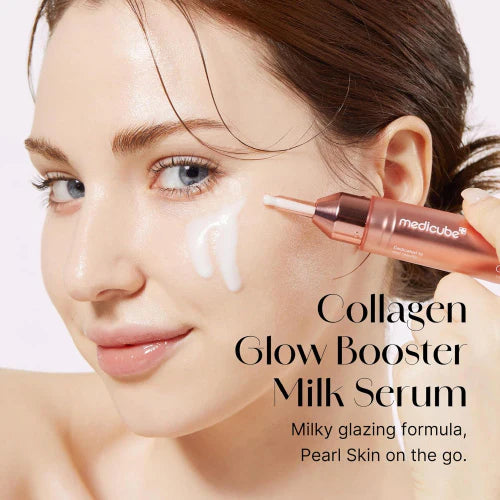 Medicube Collagen Glow Booster serums ar mitrinošu un mirdzumu piešķirošu efektu. Serums izlīdzina sejas ādas toni, mazina pigmentāciju, sašaurina poras, kā arī novērš grumbiņu rašanos, padarot ādu gludu un mīkstu.