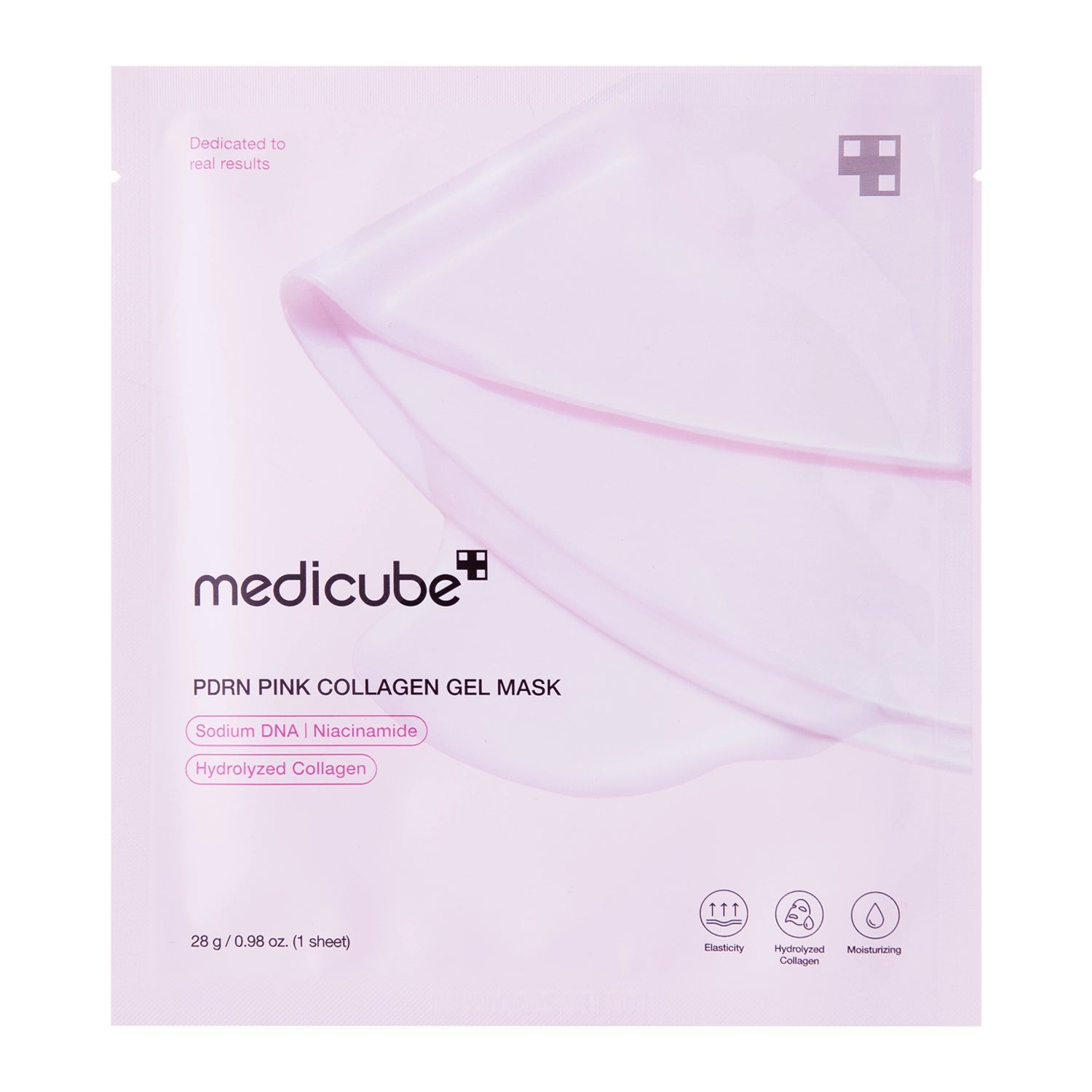 Medicube PDRN Pink Collagen hidrogēla sejas maska rozā krāsā. Maska bagātināta ar PDRN, kolagēnu, niacinamīdu un peptīdiem, lai intensīvi mitrinātu ādu, uzlabotu tās tvirtumu un piešķirtu mirdzumu. Krāsu mainošā hidrogēla formula pakāpeniski kļūst caurspīdīga, maskai absorbējoties ādā.