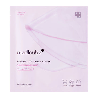 Medicube PDRN Pink Collagen hidrogēla sejas maska rozā krāsā. Maska bagātināta ar PDRN, kolagēnu, niacinamīdu un peptīdiem, lai intensīvi mitrinātu ādu, uzlabotu tās tvirtumu un piešķirtu mirdzumu. Krāsu mainošā hidrogēla formula pakāpeniski kļūst caurspīdīga, maskai absorbējoties ādā.