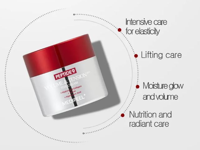 Medi-Peel Peptide9 Volume and Tension Tox Cream – sejas krēms ar peptīdiem ādas tvirtuma, elastības un liftinga efektam.