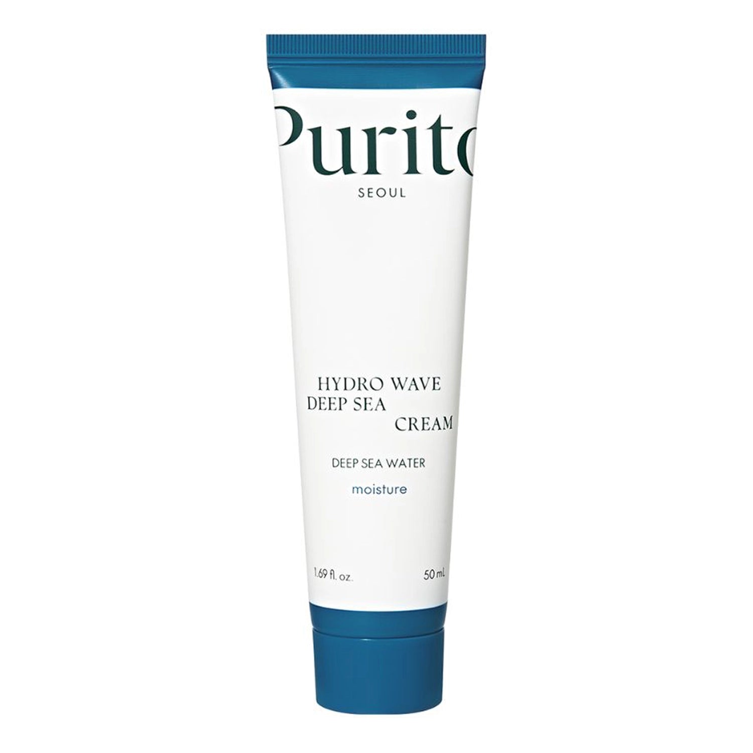 Purito Hydro Wave Deep Sea Cream vieglas tekstūras mitrinošs sejas krēms ikdienas ādas kopšanai, kas nodrošina ilgstošu mitrināšanu, komfortu un atsvaidzinošu sajūtu.