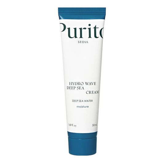 Purito Hydro Wave Deep Sea Cream vieglas tekstūras mitrinošs sejas krēms ikdienas ādas kopšanai, kas nodrošina ilgstošu mitrināšanu, komfortu un atsvaidzinošu sajūtu.