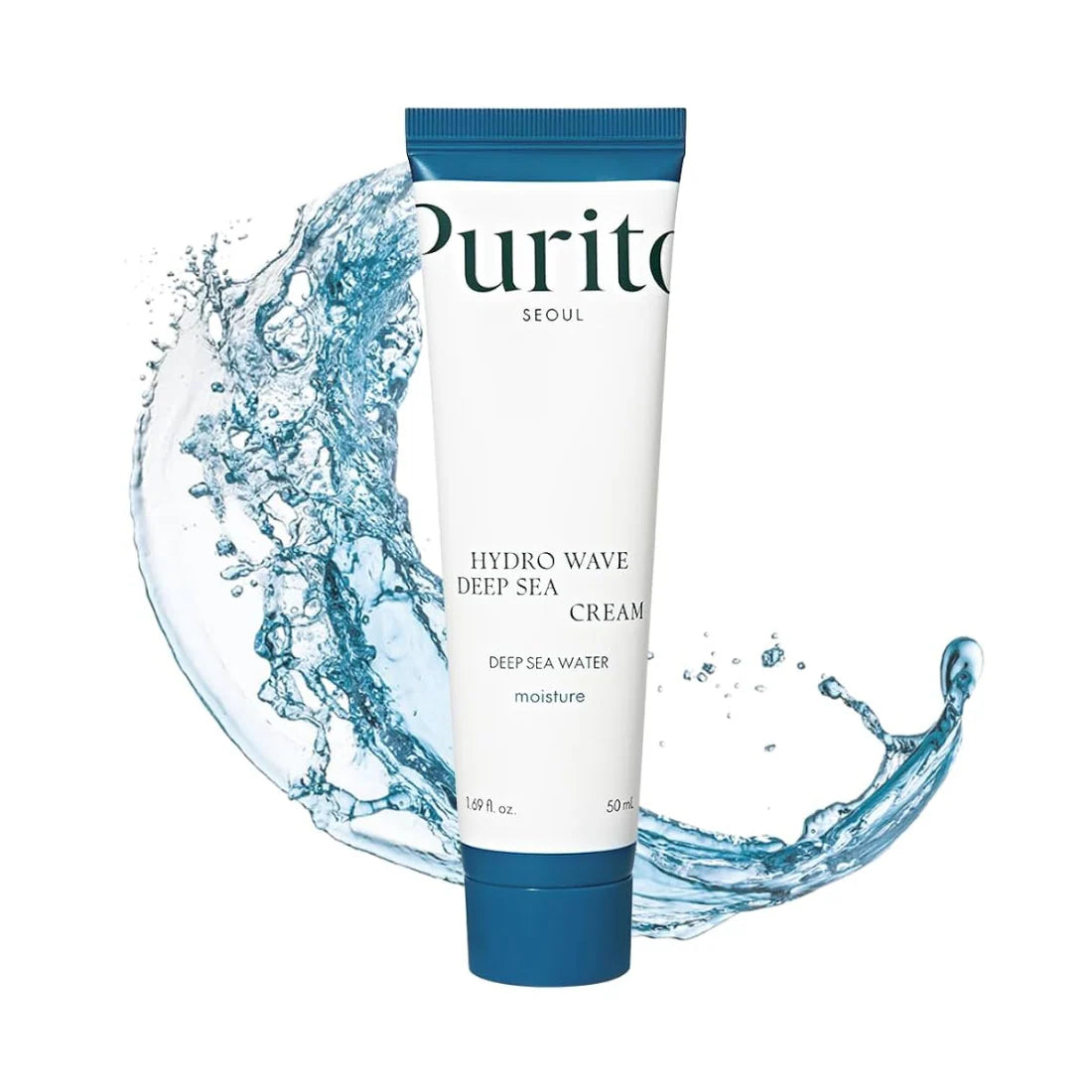 Purito Hydro Wave Deep Sea Cream vieglas tekstūras mitrinošs sejas krēms ikdienas ādas kopšanai, kas nodrošina ilgstošu mitrināšanu, komfortu un atsvaidzinošu sajūtu.
