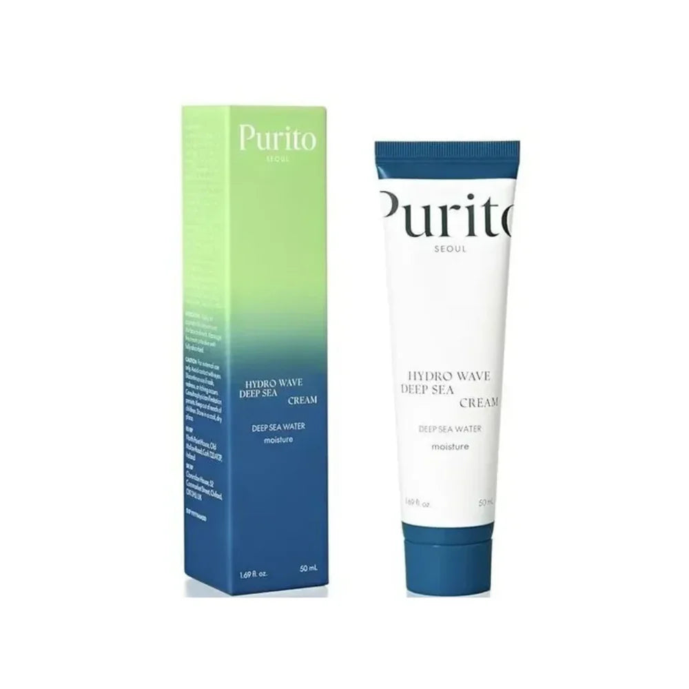 Purito Hydro Wave Deep Sea Cream vieglas tekstūras mitrinošs sejas krēms ikdienas ādas kopšanai, kas nodrošina ilgstošu mitrināšanu, komfortu un atsvaidzinošu sajūtu.
