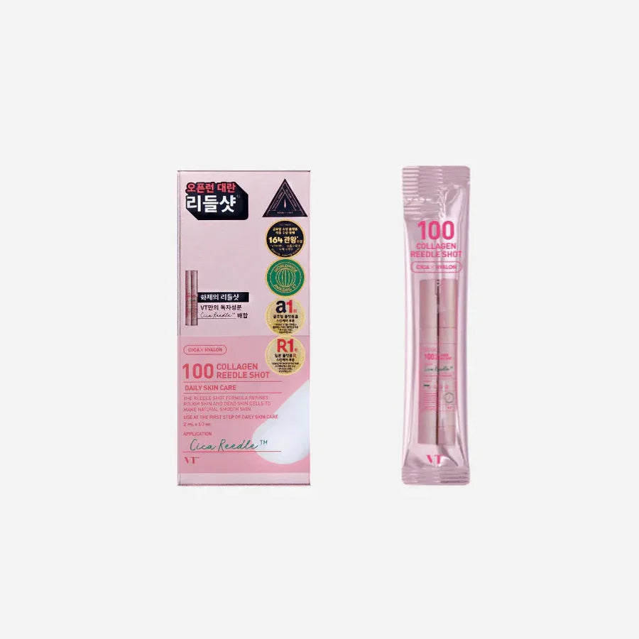 VT Cosmetics Collagen Reedle Shot Stick Pouch – ceļojuma izmēra kolagēna serums vienreiz lietojamos 2 ml stikos ādas mitrināšanai, tvirtumam, elastībai un tekstūras uzlabošanai.