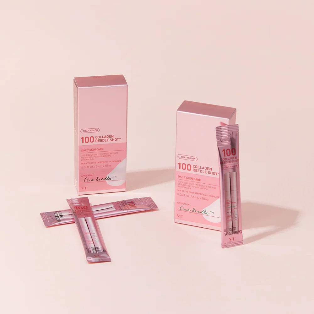 VT Cosmetics Collagen Reedle Shot Stick Pouch – ceļojuma izmēra kolagēna serums vienreiz lietojamos 2 ml stikos ādas mitrināšanai, tvirtumam, elastībai un tekstūras uzlabošanai.