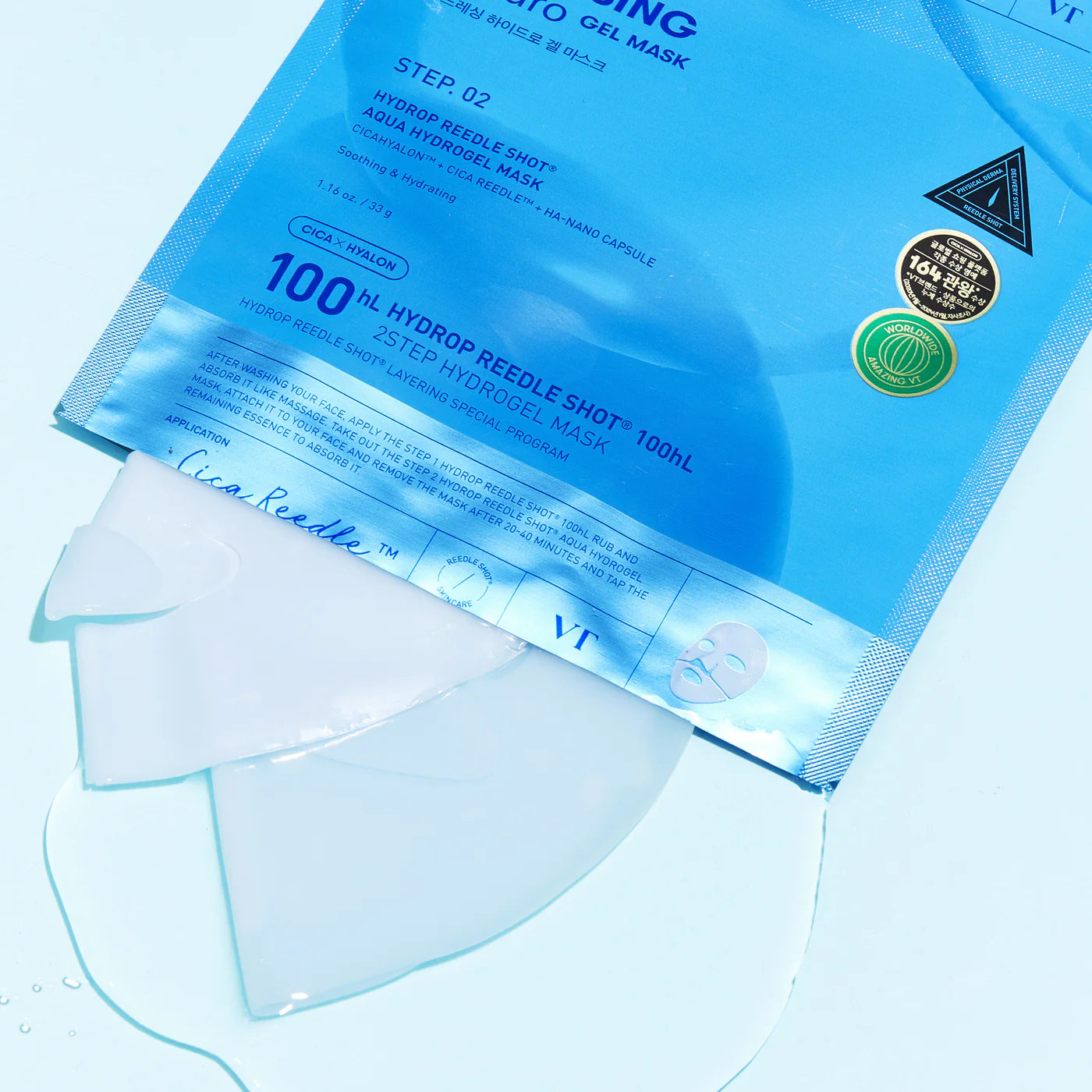 VT Cosmetics Hydrop Reedle Shot 100 hL 2-Step Hydrogel Mask – mitrinoša un atjaunojoša divu soļu hidrogēla sejas maska intensīvai ādas kopšanai.